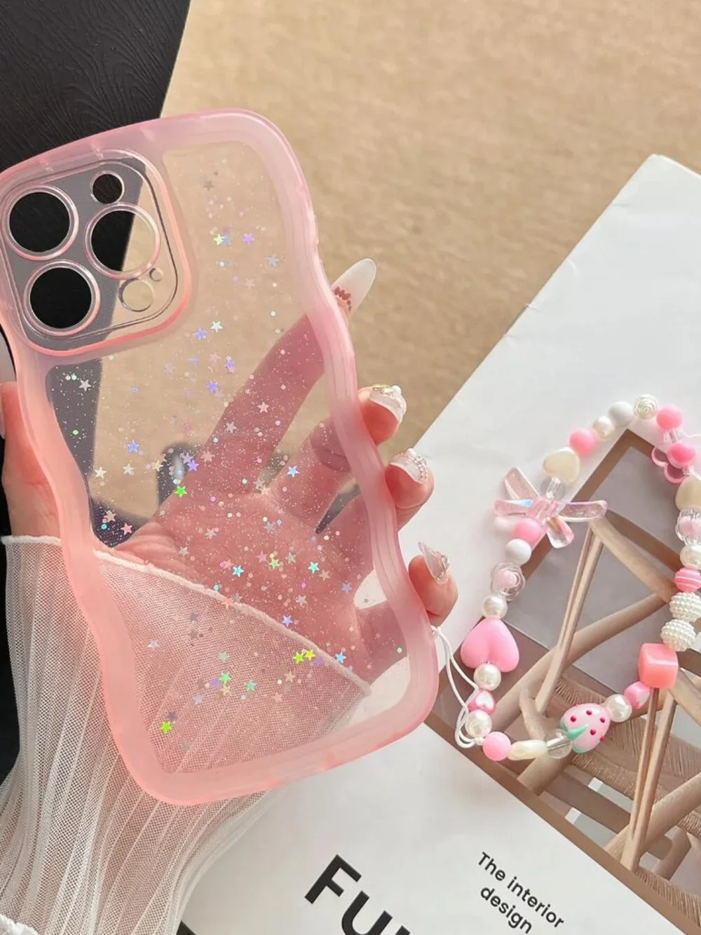 iPhone 15 Plus Wavy Phone Case Includes Beaded Phone Strap Charm